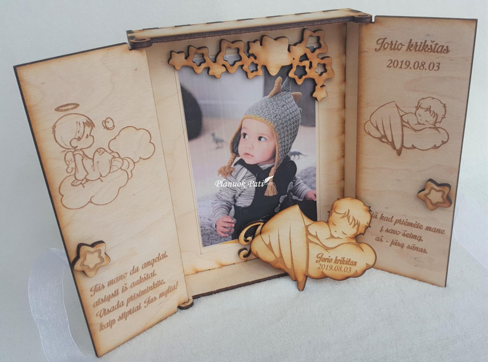 Kvietimas/padėka krikšto tėveliams - angeliukas magnetukas atverčiamuose rėmeliuose