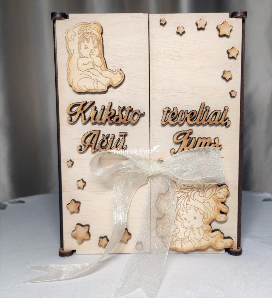 Kvietimas/padėka krikšto tėveliams - angeliukas magnetukas atverčiamuose rėmeliuose