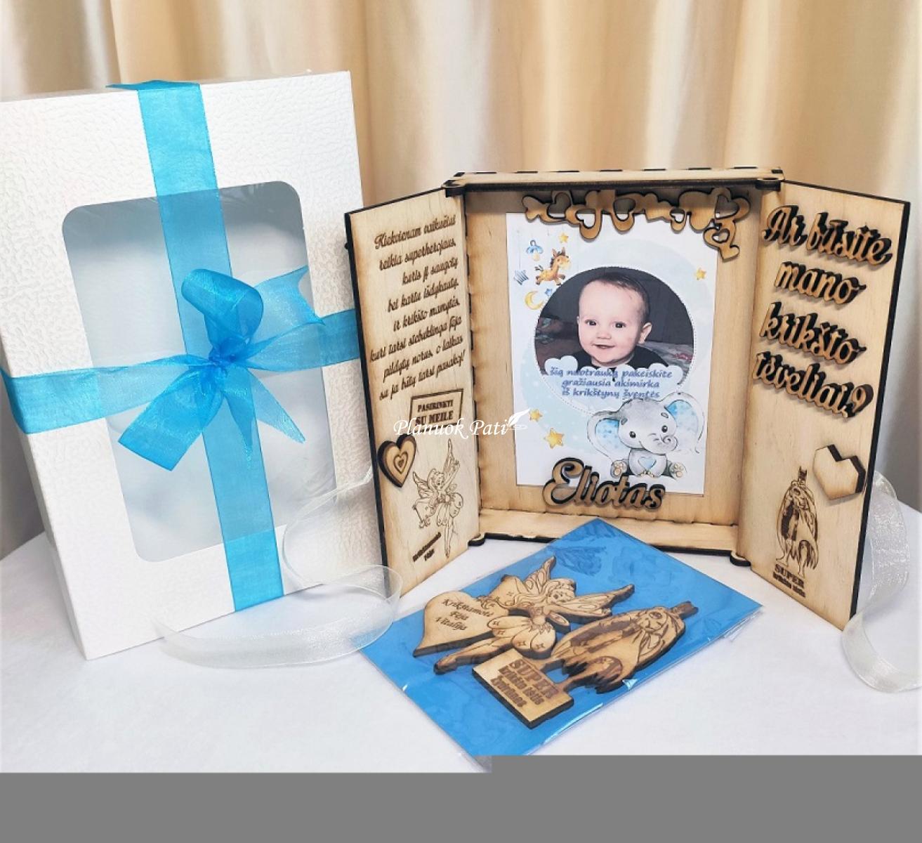 Kvietimas/padėka krikšto tėveliams - angeliukas magnetukas atverčiamuose rėmeliuose