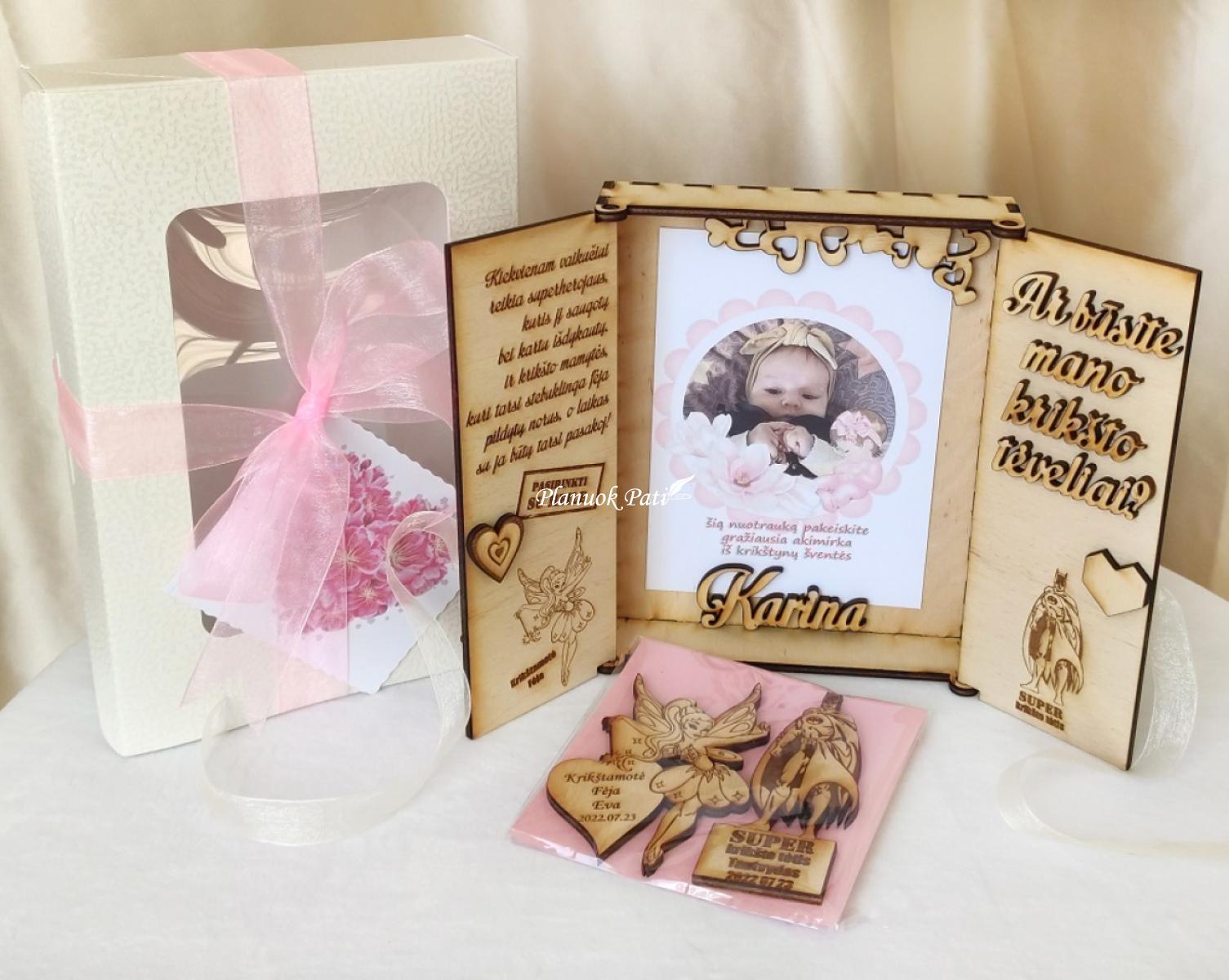 Kvietimas/padėka krikšto tėveliams - angeliukas magnetukas atverčiamuose rėmeliuose