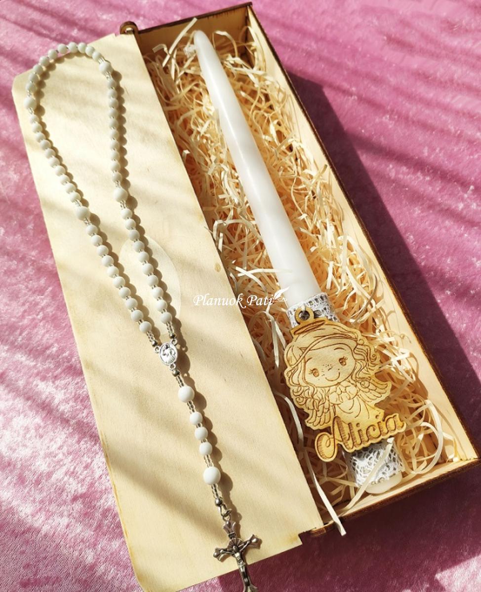 Krikšto žvakės ir pirmojo rožančiaus komplektas