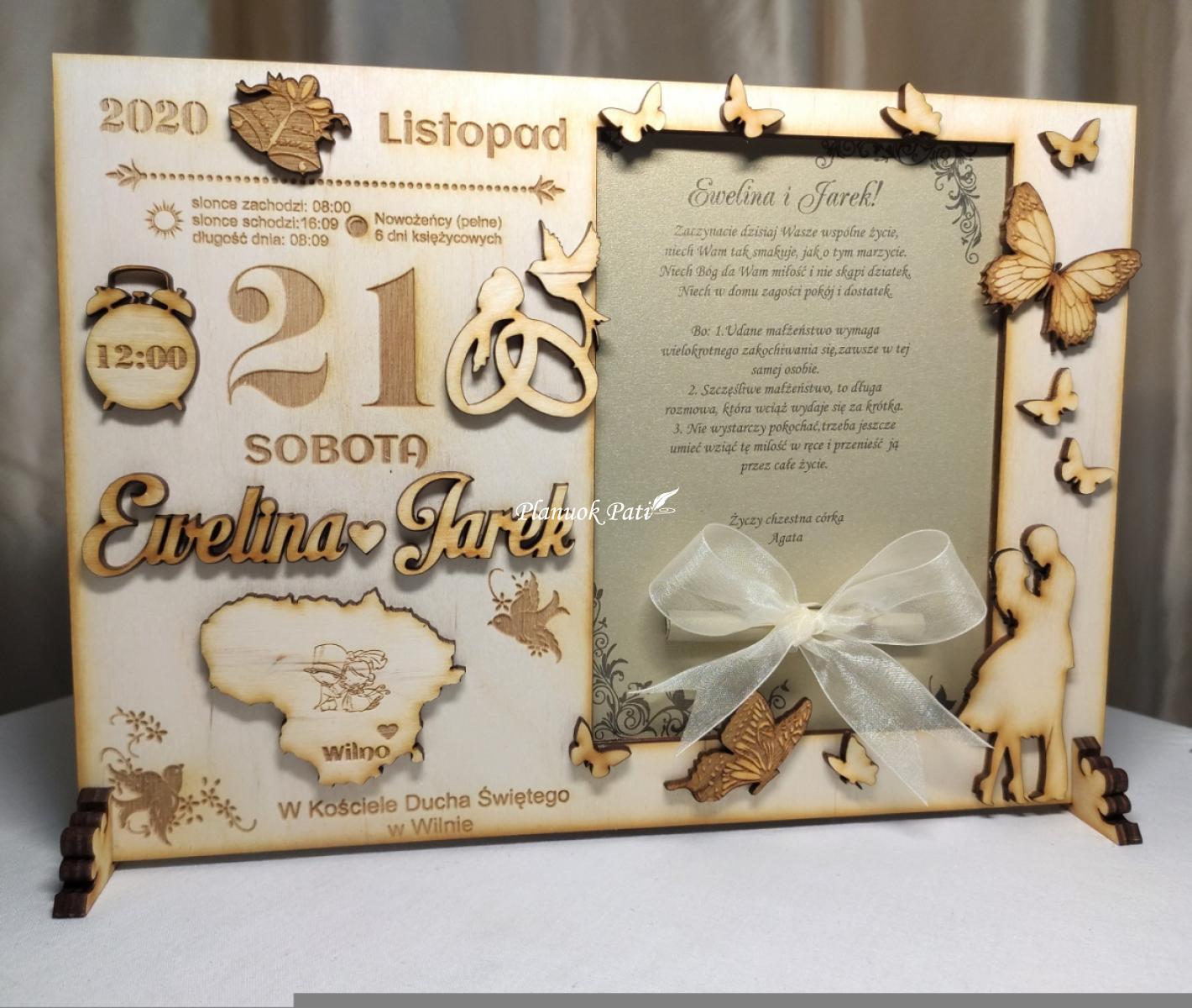 Rėmelis su vestuvių dienos metrikais pinigams dovanoti