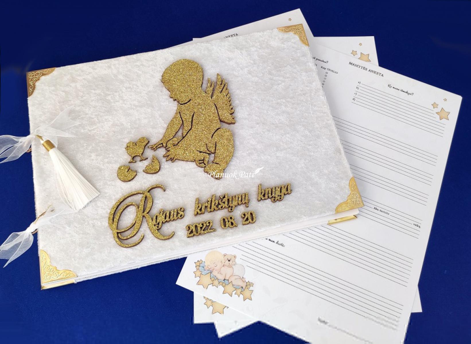 Aksominė krikštynų palinkėjimų knyga su individualiomis anketomis