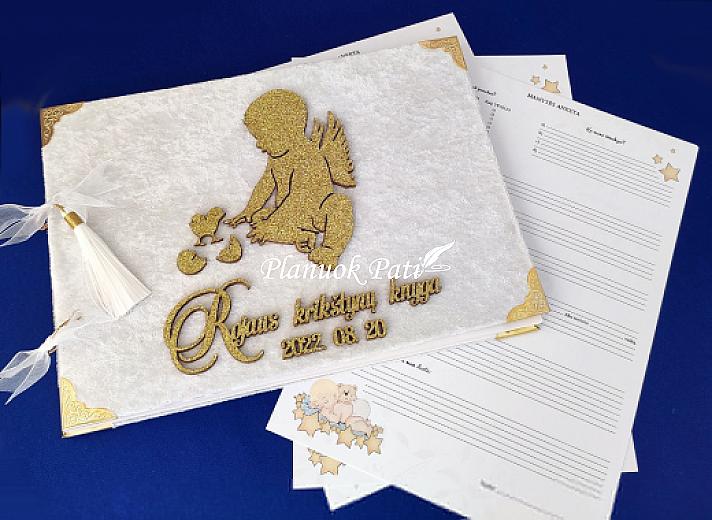 Aksominė krikštynų palinkėjimų knyga su individualiomis anketomis