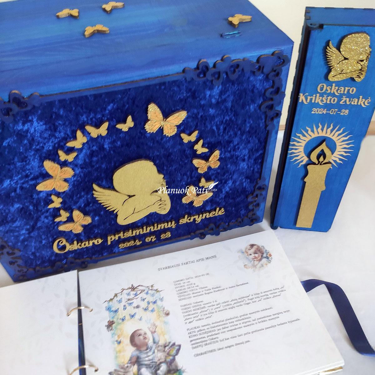 Krikštynų komplektas- krikštadėžė, knyga ir žvakės dėžutė