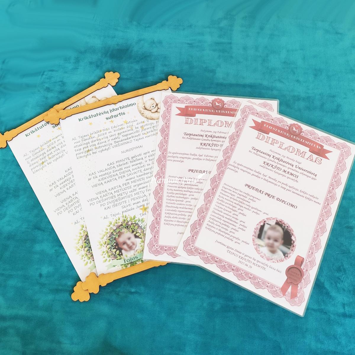 Diplomas ir įdarbinimo sutartis krikšto tėveliams