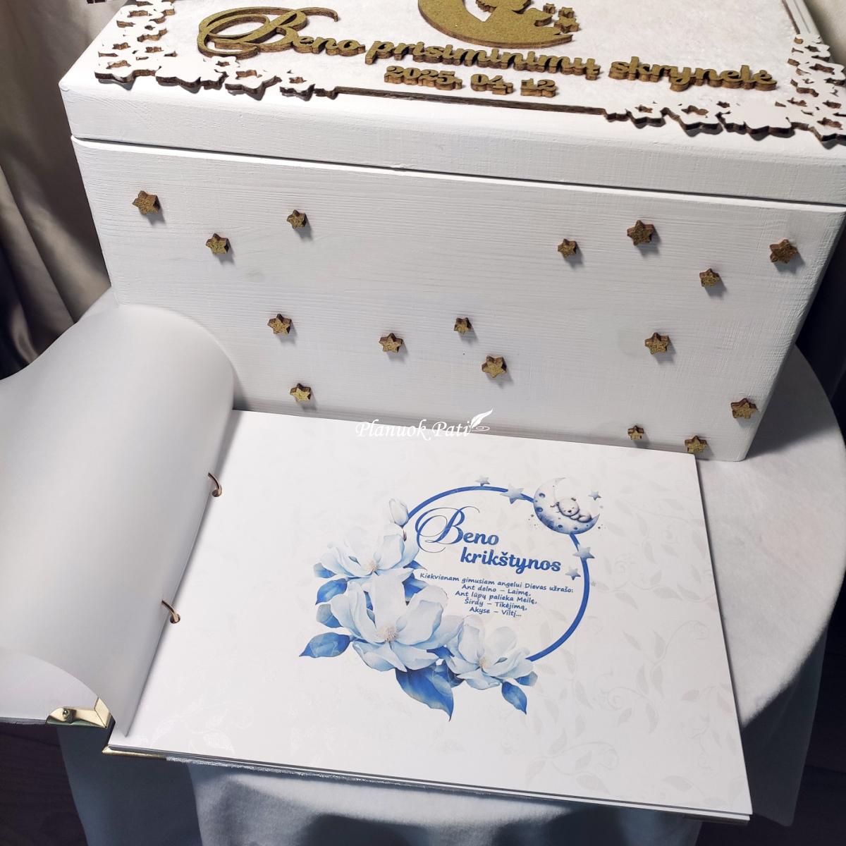 Komplektas - krikštadėžė, palinkėjimų albumas ir žvakės dėžutė