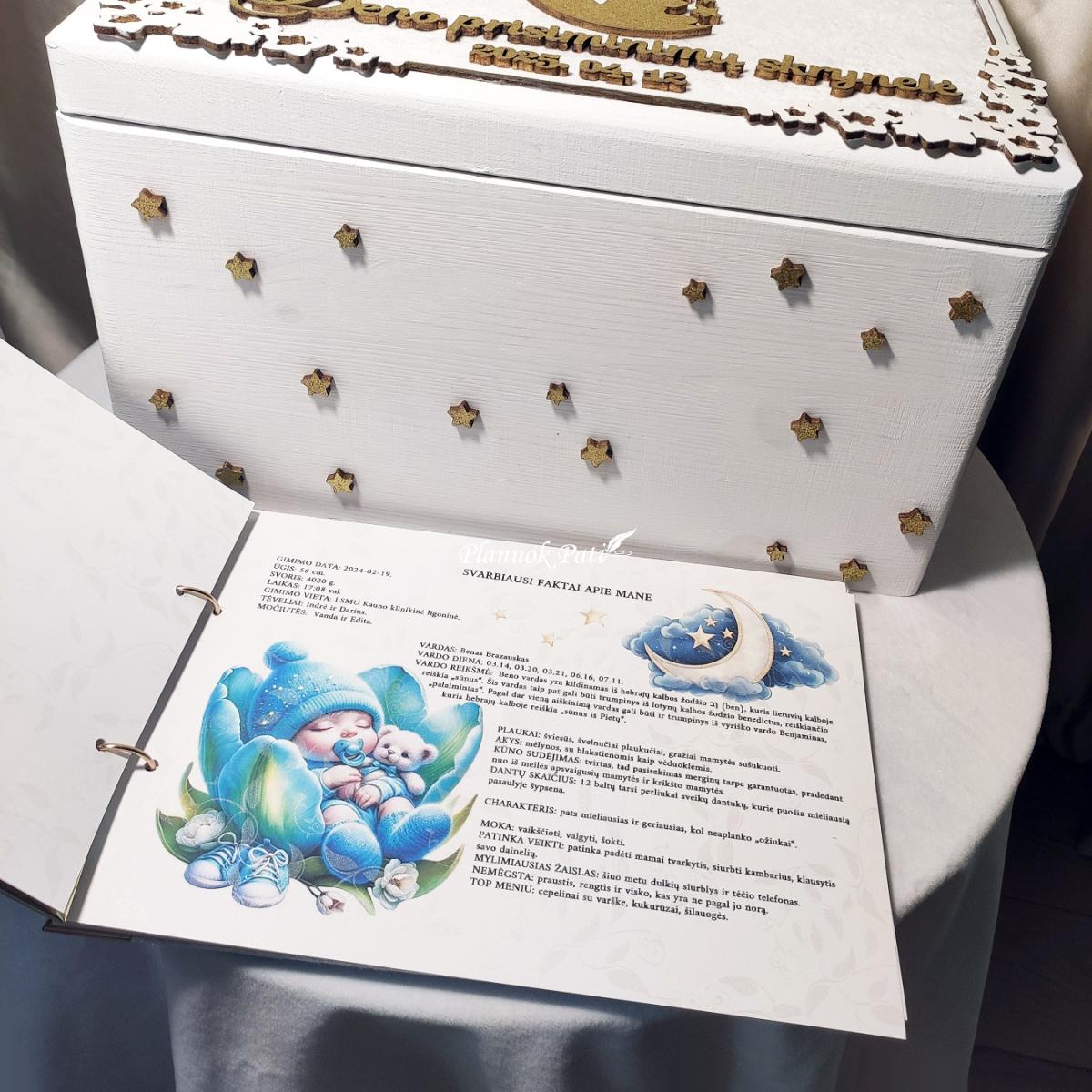 Komplektas - krikštadėžė, palinkėjimų albumas ir žvakės dėžutė