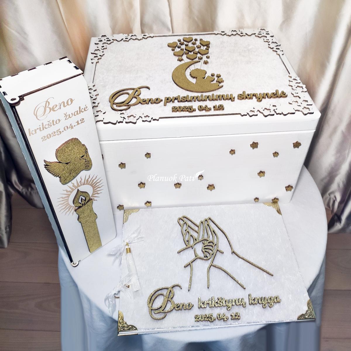 Komplektas - krikštadėžė, palinkėjimų albumas ir žvakės dėžutė