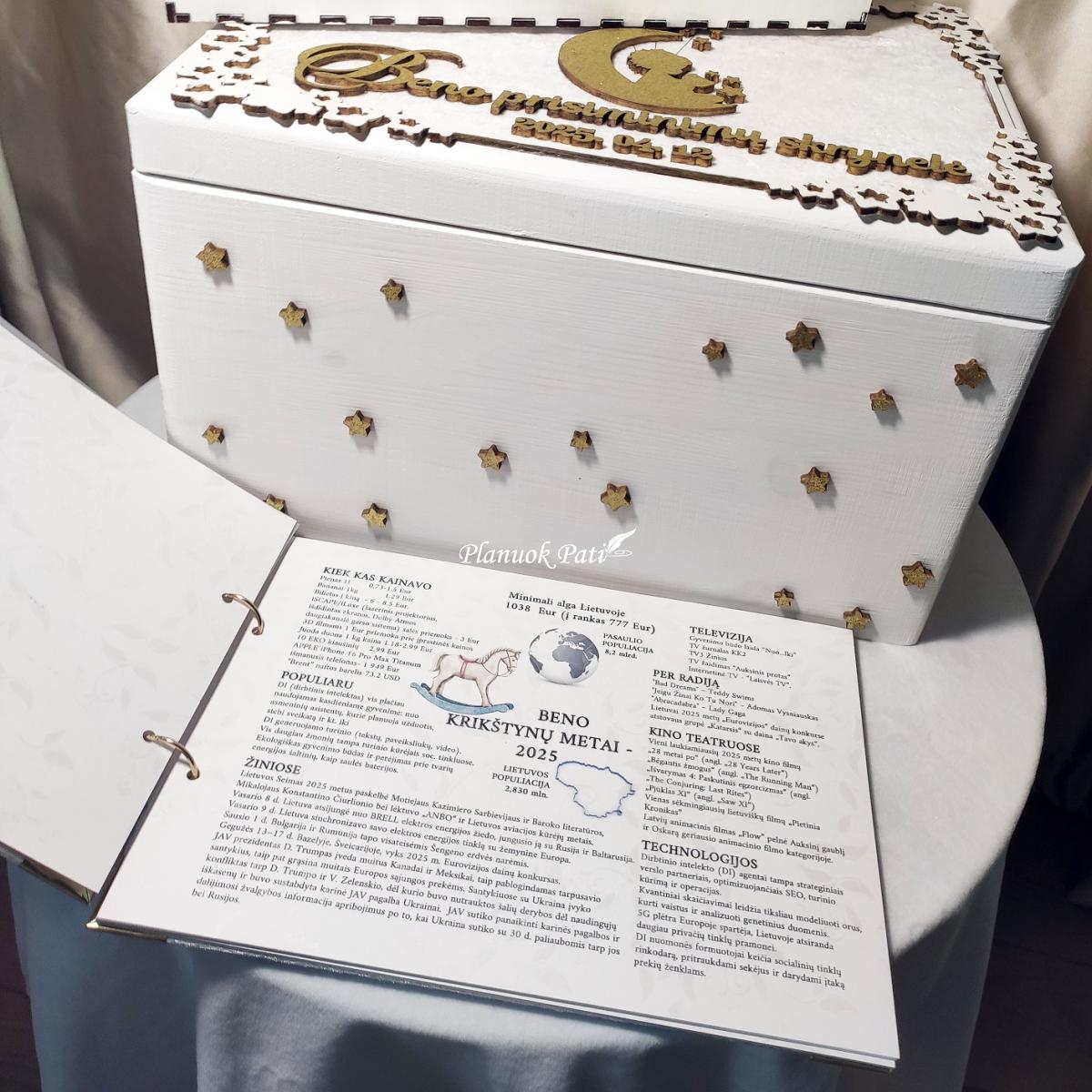 Komplektas - krikštadėžė, palinkėjimų albumas ir žvakės dėžutė