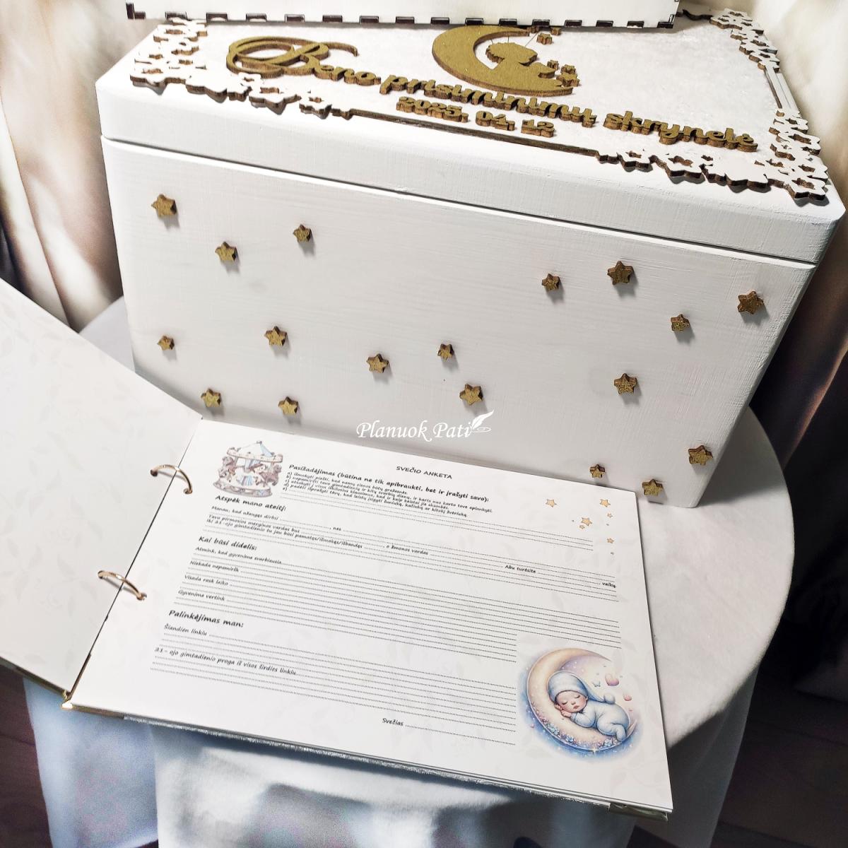 Komplektas - krikštadėžė, palinkėjimų albumas ir žvakės dėžutė