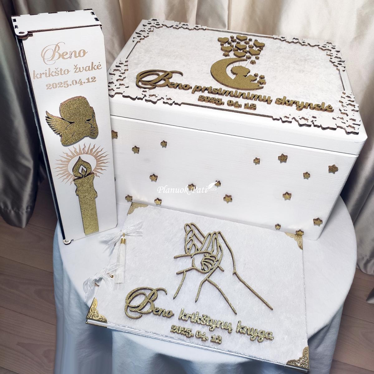 Komplektas - krikštadėžė, palinkėjimų albumas ir žvakės dėžutė