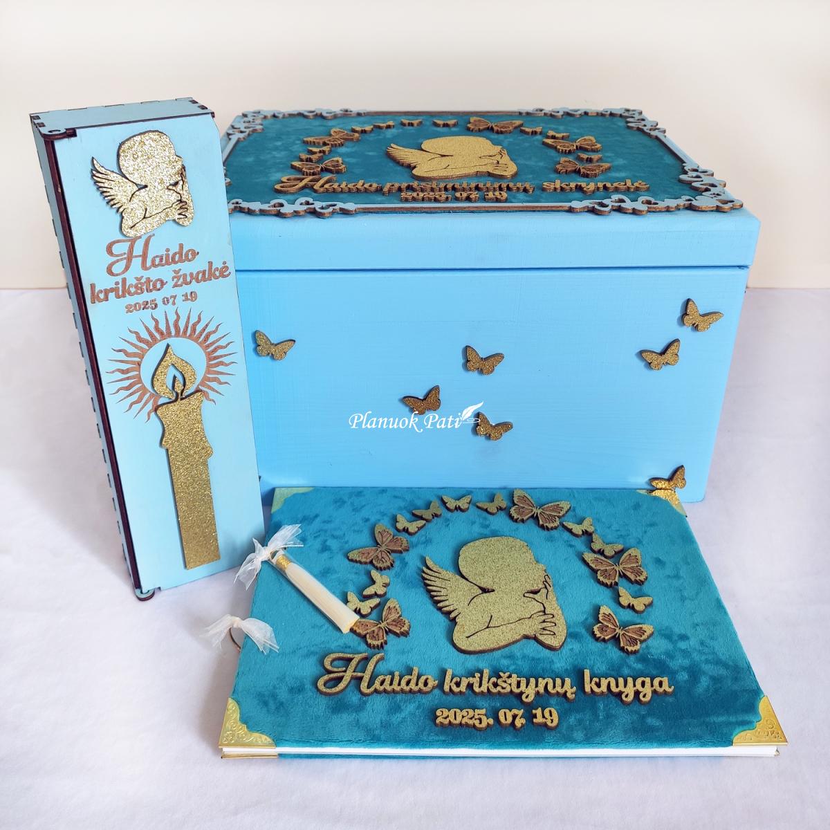 Krikštynų komplektas- krikštadėžė, knyga ir žvakės dėžutė
