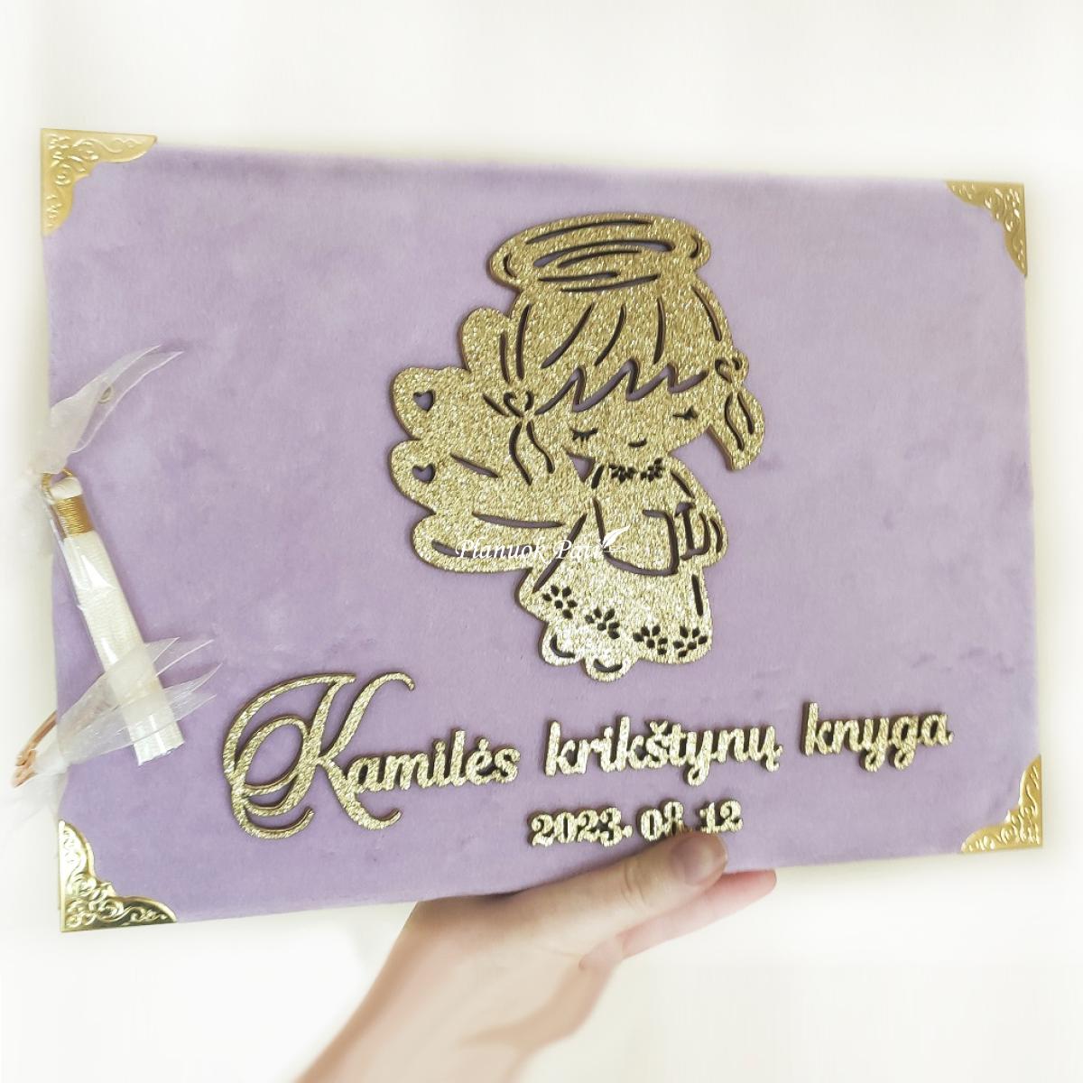 Aksominė krikštynų palinkėjimų knyga su individualiomis anketomis