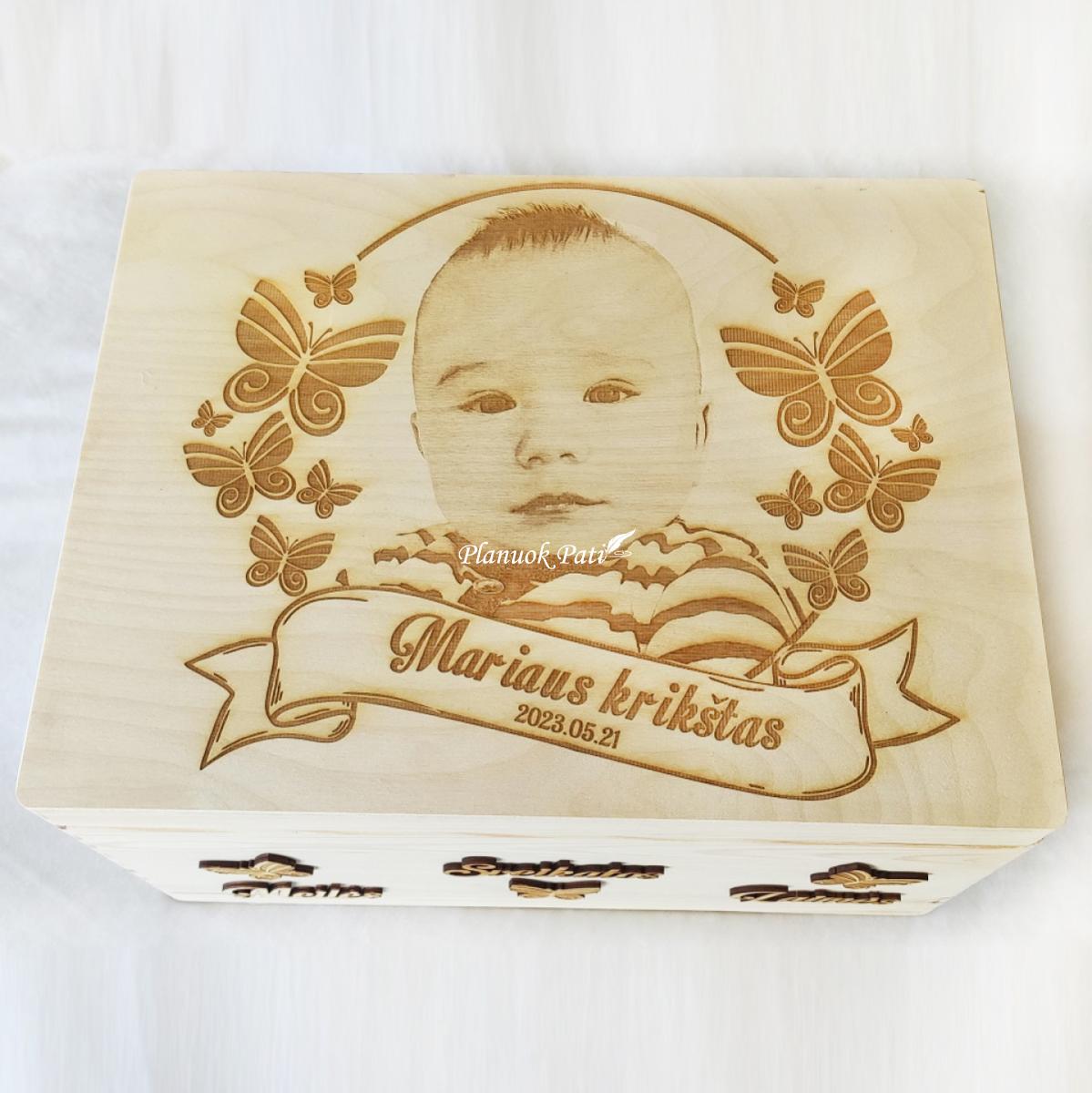 Krikštadėžė - prisiminimų skrynelė su graviruota nuotrauka