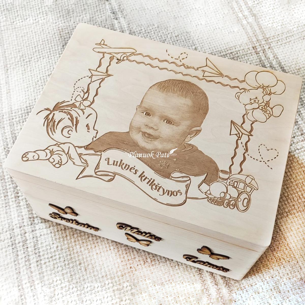 Krikštadėžė - prisiminimų skrynelė su graviruota nuotrauka