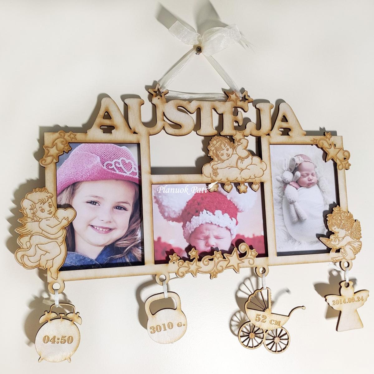 Pakabinamas metrikų rėmelis trims nuotraukoms